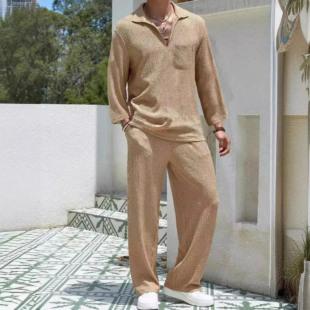 Men's casual shirt and trousers suit in polyester fabric, shown in one of four colours: lake blue, khaki, black, or caramel.