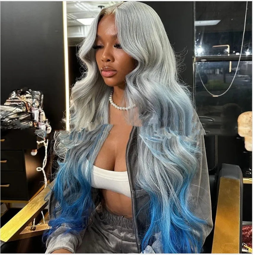 Grey to blue gradient human hair lace front wig with 4x4 frontal on a wig stand.