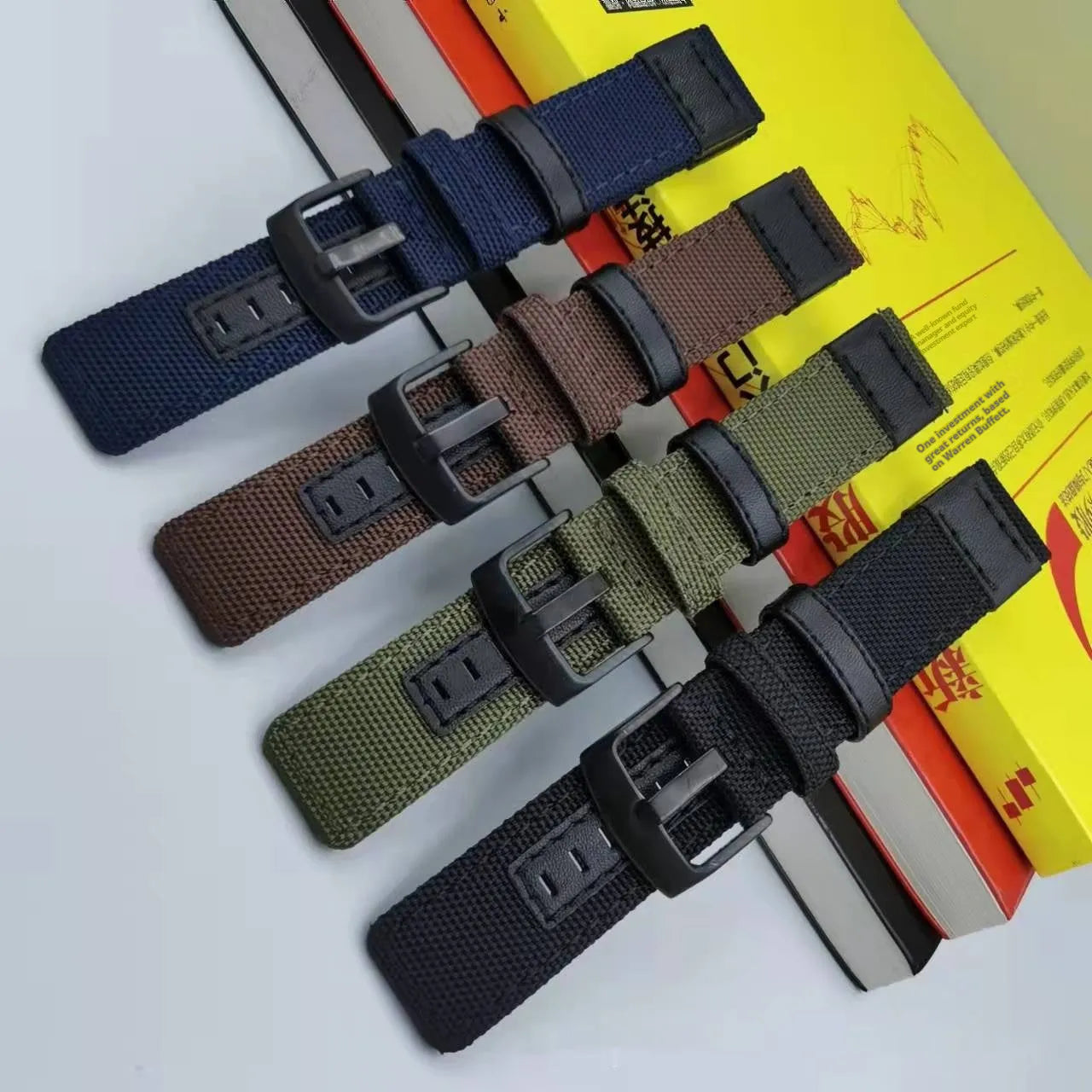 Oxford cloth canvas watch strap in camouflage colour, showing textured fabric and buckle.