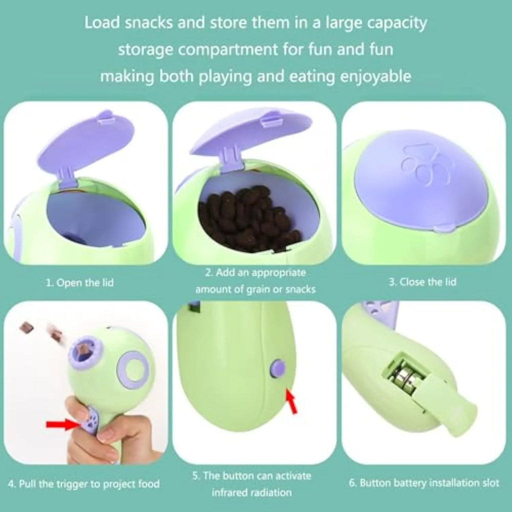 Green, orange, and pink plastic dog treat launcher toy for interactive feeding and training