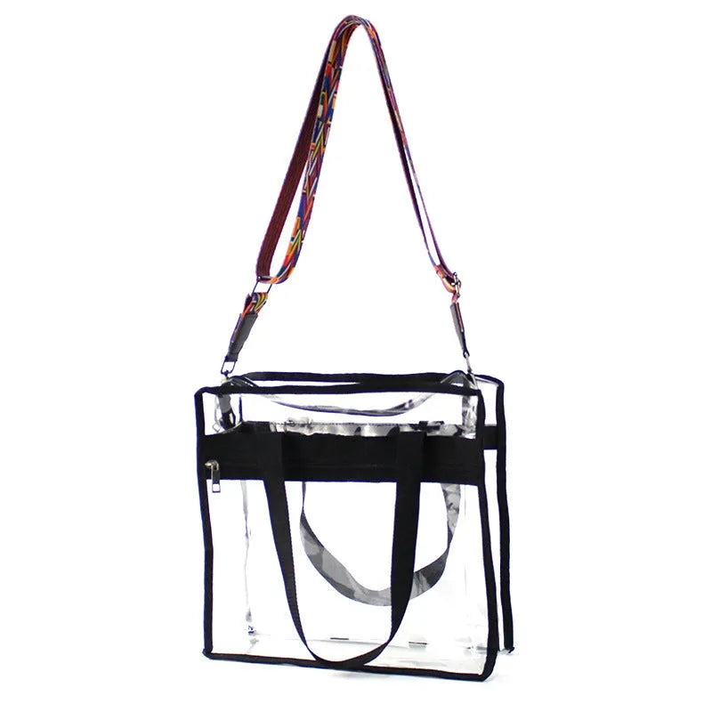 Women's transparent PVC messenger bag with clear front compartment and crossbody straps