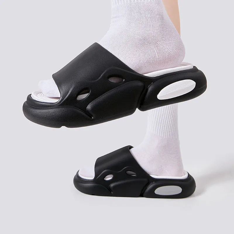 Women's two-colour EVA slippers with a thick sole and leather lining.