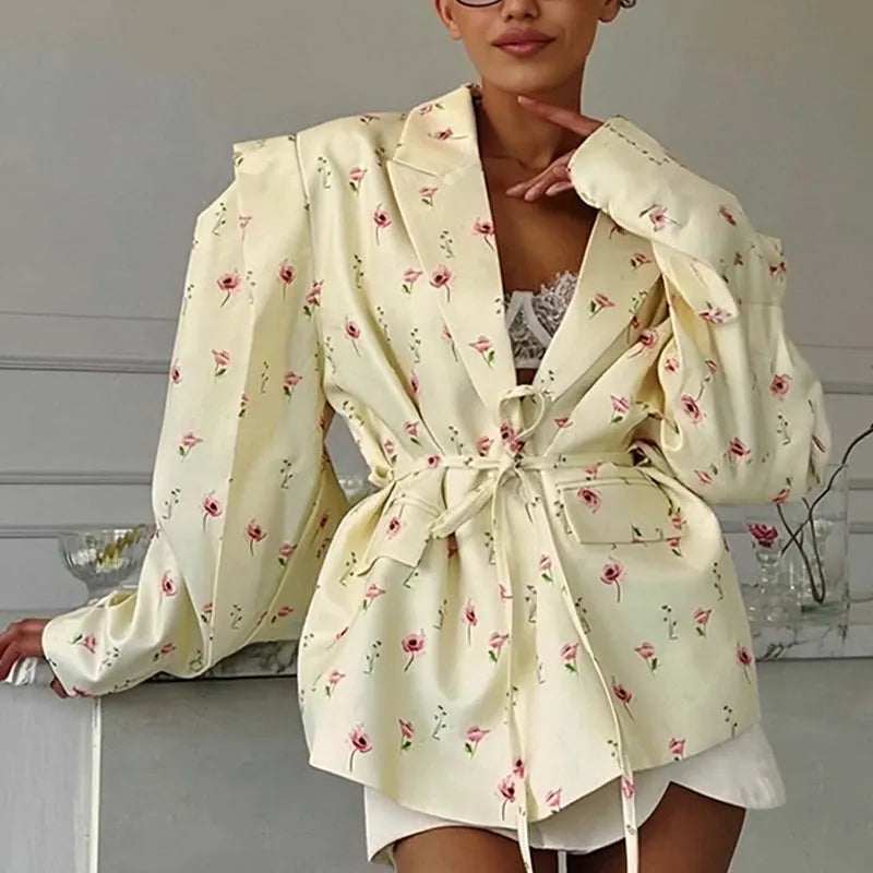 Women's printed polyester suit jacket with lace-up collar and waist-tight fit