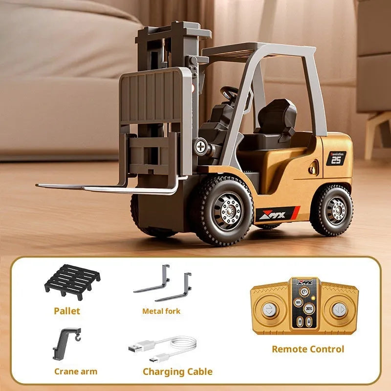Alloy remote control engineering vehicle set with dump truck, excavator, and small forklift on a table