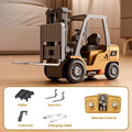 Alloy remote control engineering vehicle set with dump truck, excavator, and small forklift on a table