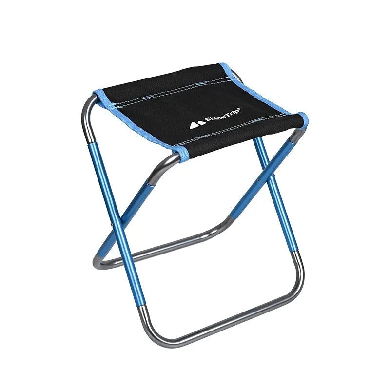 Black aluminium alloy folding camping stool shown in folded and unfolded positions