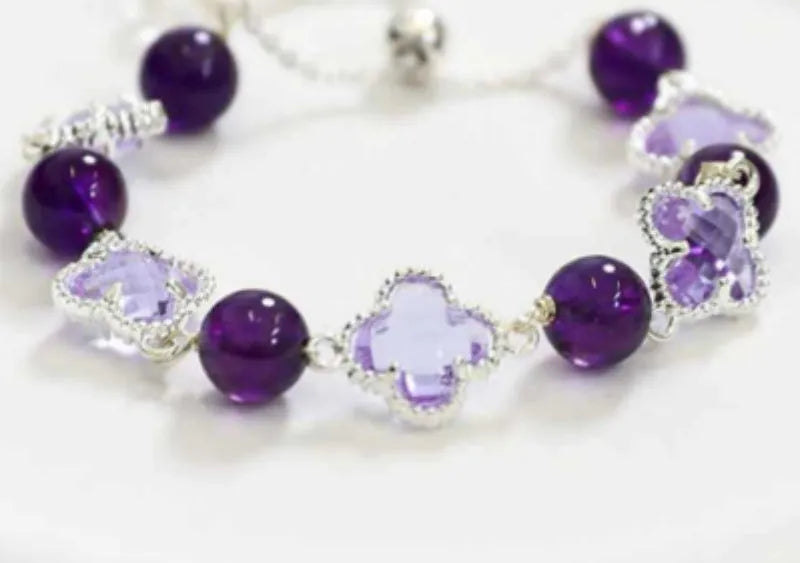 Artificial crystal amethyst bracelet for women with electroplated U-shaped design and pearl accents, imitation amethyst pearl colour option