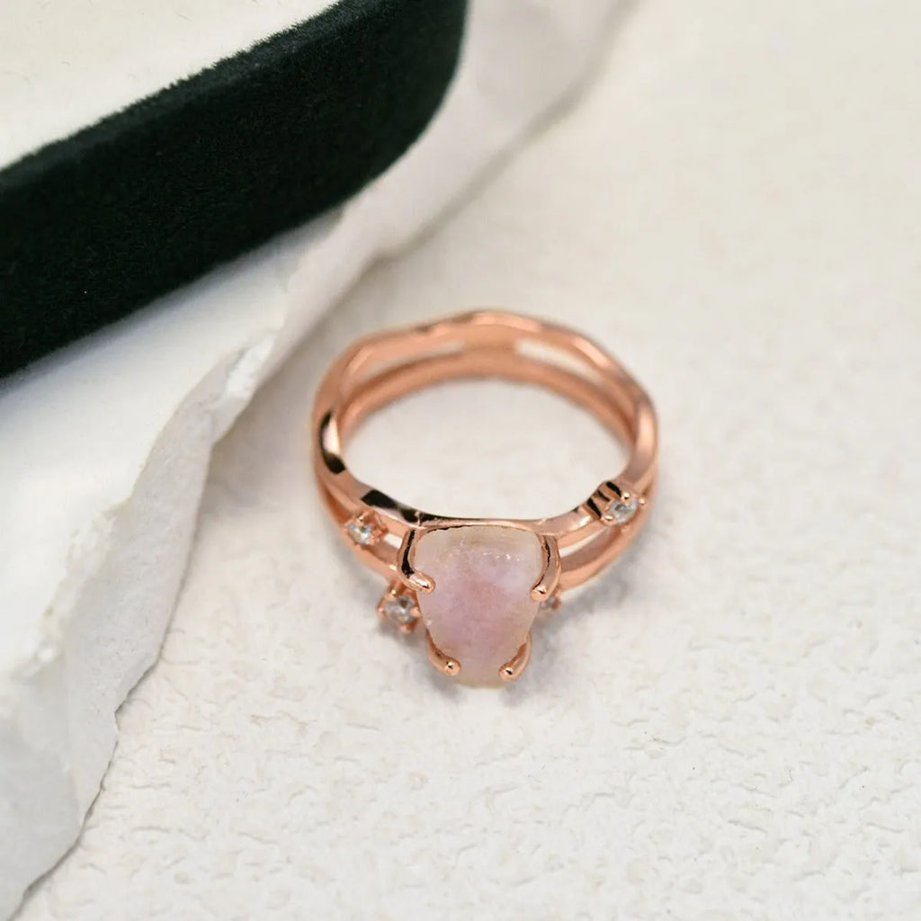 S925 silver ring with irregular triangle shape and moonstone in rose, white, or yellow gold finish.