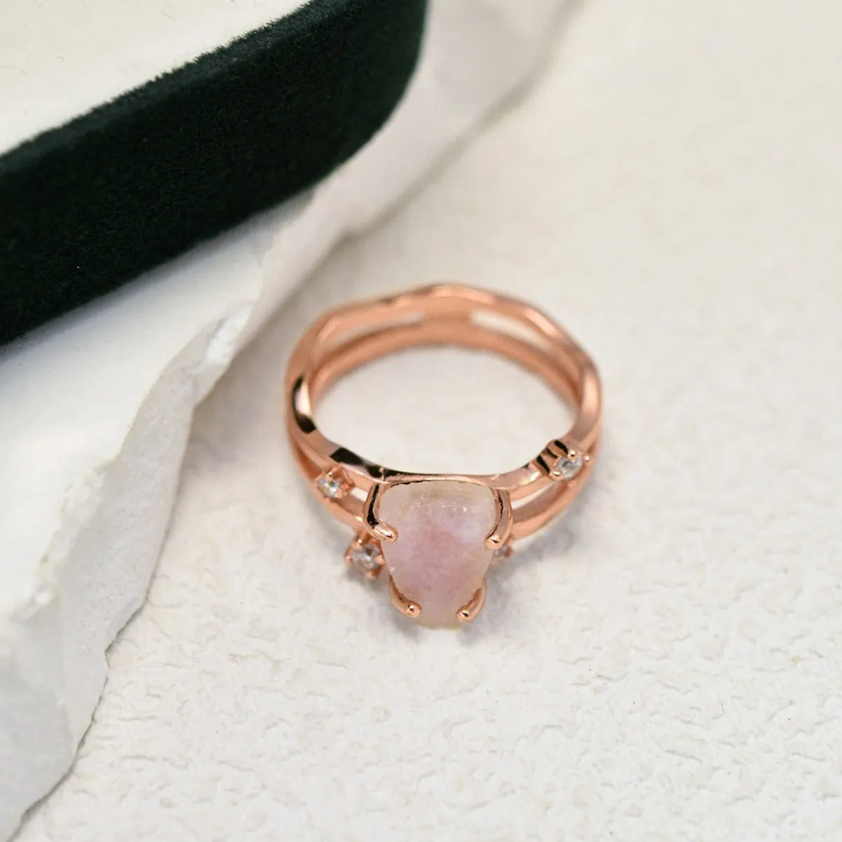 S925 silver ring with irregular triangle shape and moonstone in rose, white, or yellow gold finish.