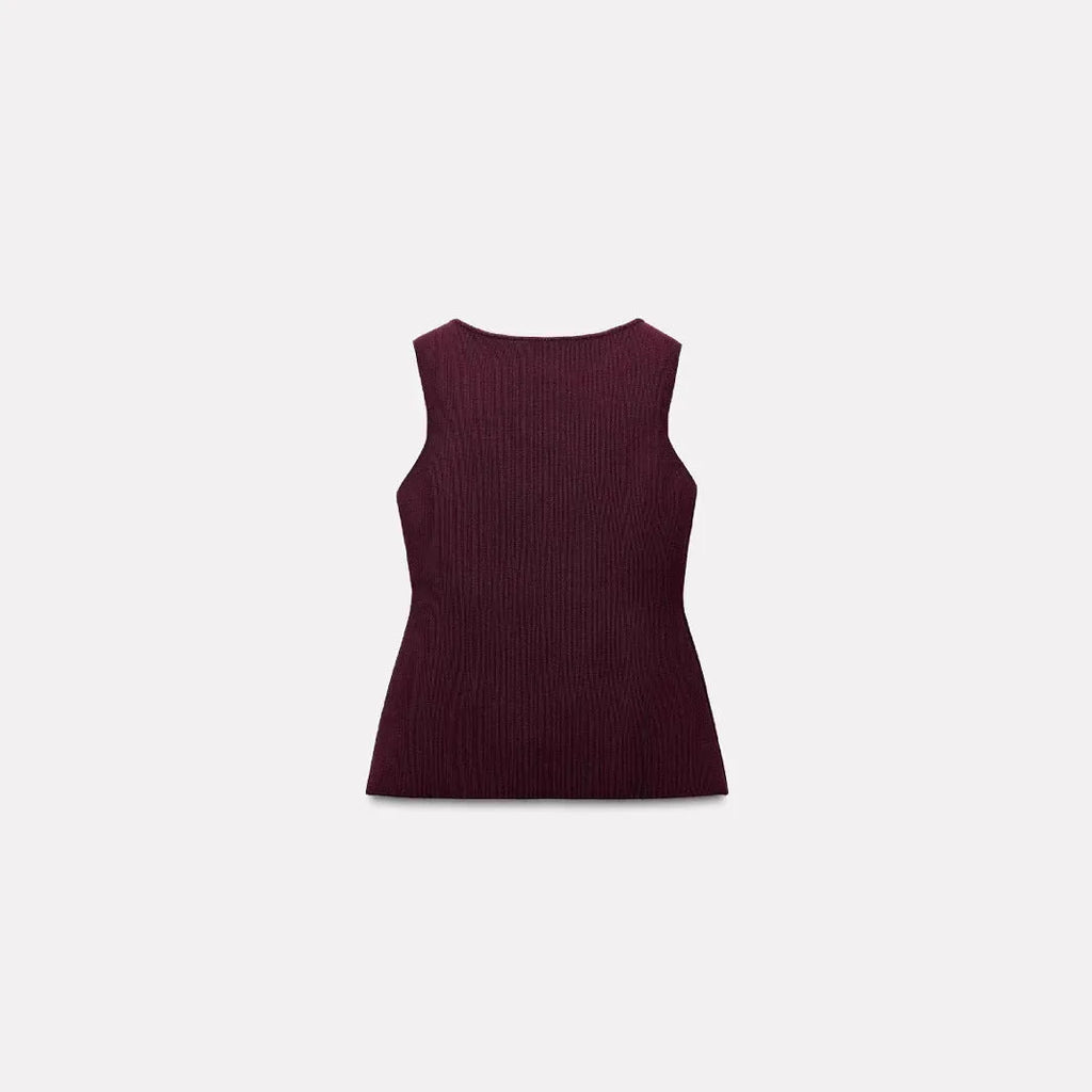 Dark red slim fit sweater vest with gold buttons and 3D pattern texture