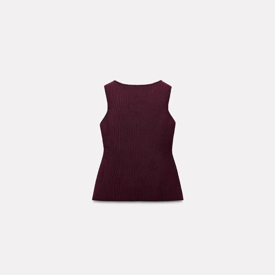 Dark red slim fit sweater vest with gold buttons and 3D pattern texture