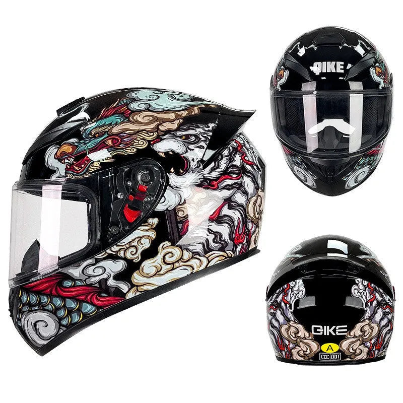 Men's and women's winter motorcycle helmet with ABS shell in dragon graphic colour on white background