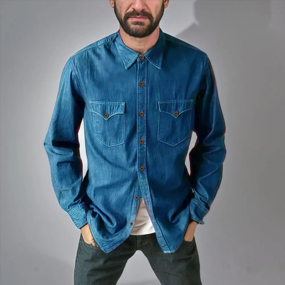 Man wearing a regular fit denim cardigan coat in khaki, showing the open front and cardigan style.