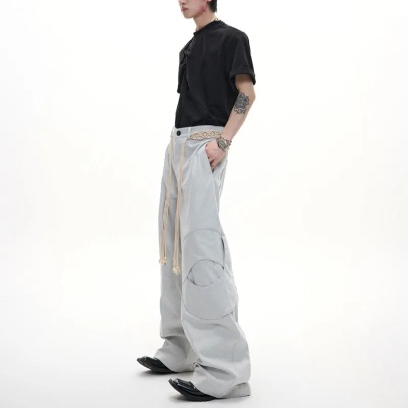 Cotton straight-leg men's trousers with heavy 3D stitching and micro-elastic construction in dark colours