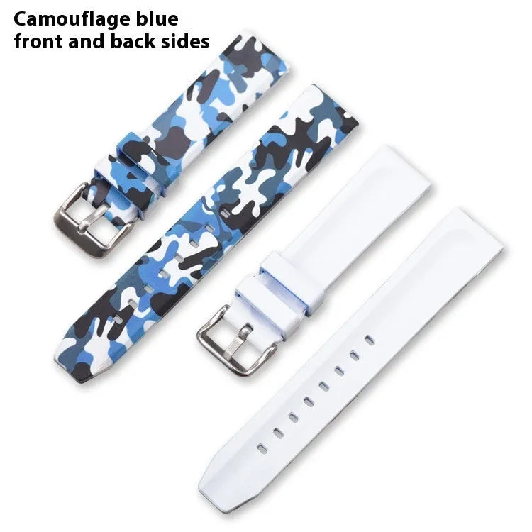 Camouflage silicone watch strap showing green, blue, and grey patterns in 20mm, 22mm, 24mm widths