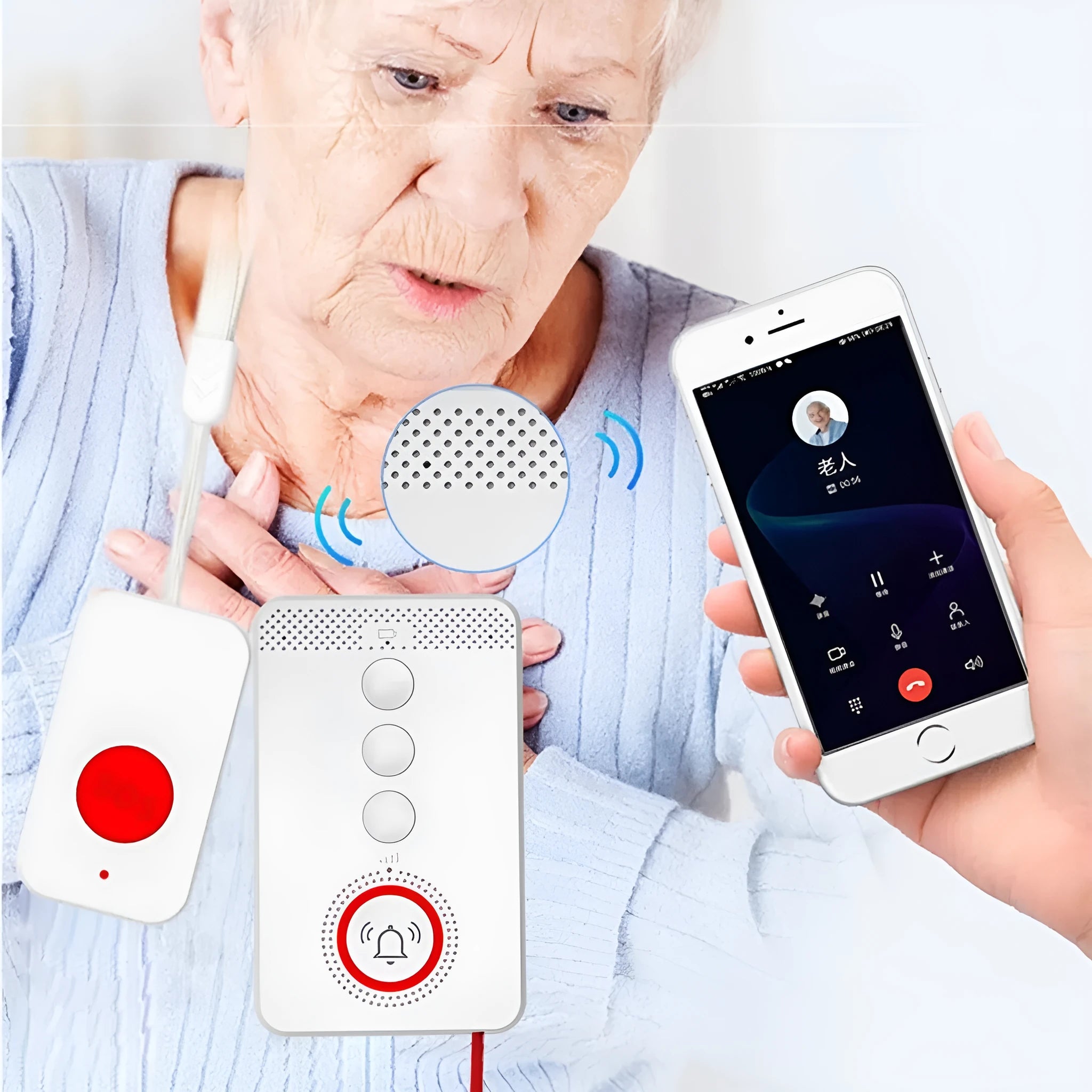 White emergency alert system with wireless buzzer and three panic buttons for elderly safety