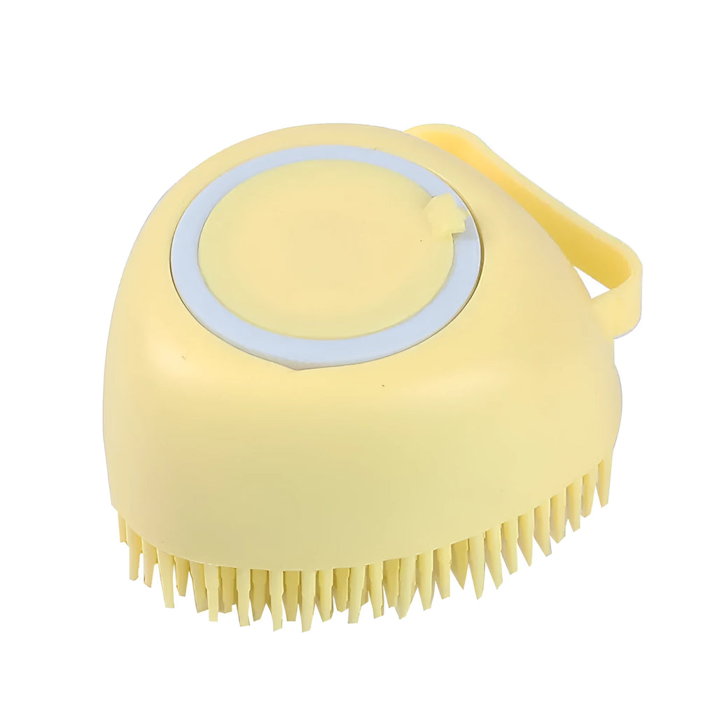 Blue silicone dog bath brush with flexible bristles on a white background