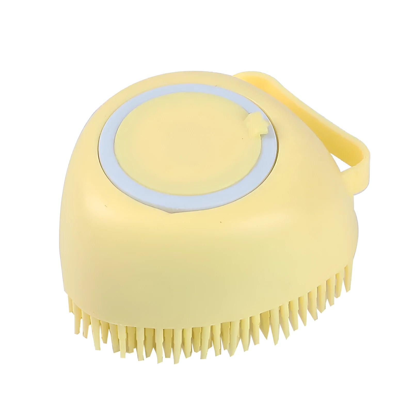 Blue silicone dog bath brush with flexible bristles on a white background