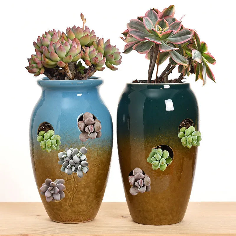 Pair of ceramic stoneware flower pots, 14cm height, 11cm and 10.5cm calibre, small succulent planters