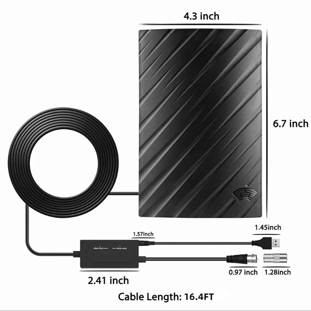 Black digital HD television antenna with mounting screws, expansion tubes, cable ties, and adhesive tape.