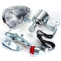 Silver bicycle generator light modification kit with dynamo and wiring for headlight and tail light connections