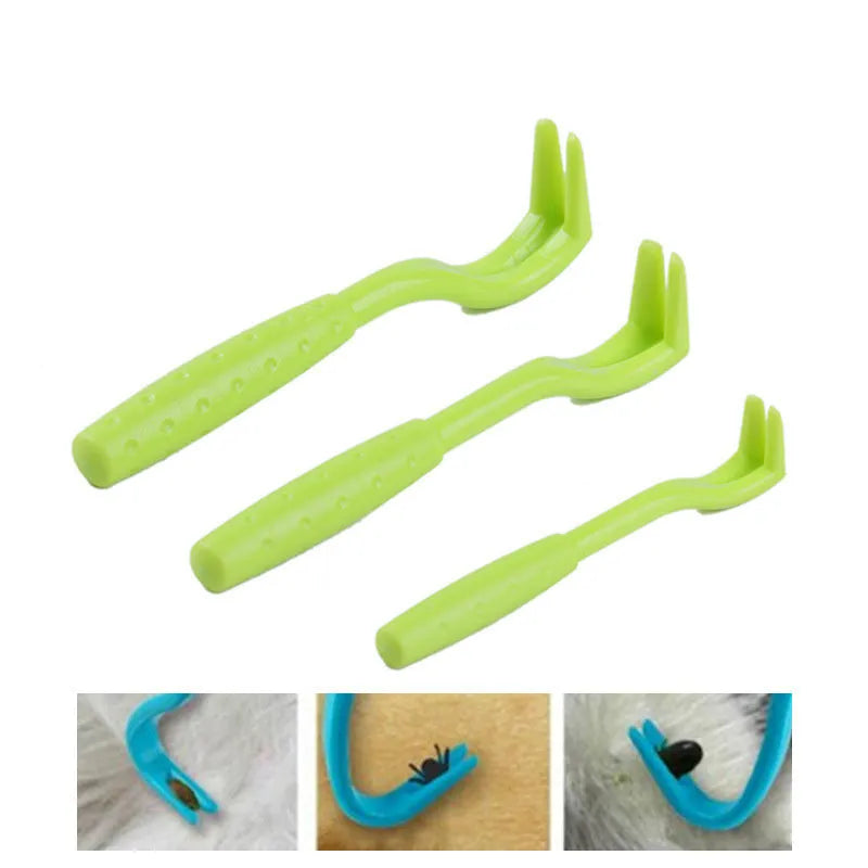 Three plastic tick removal hook tools for pets in blue or green colours