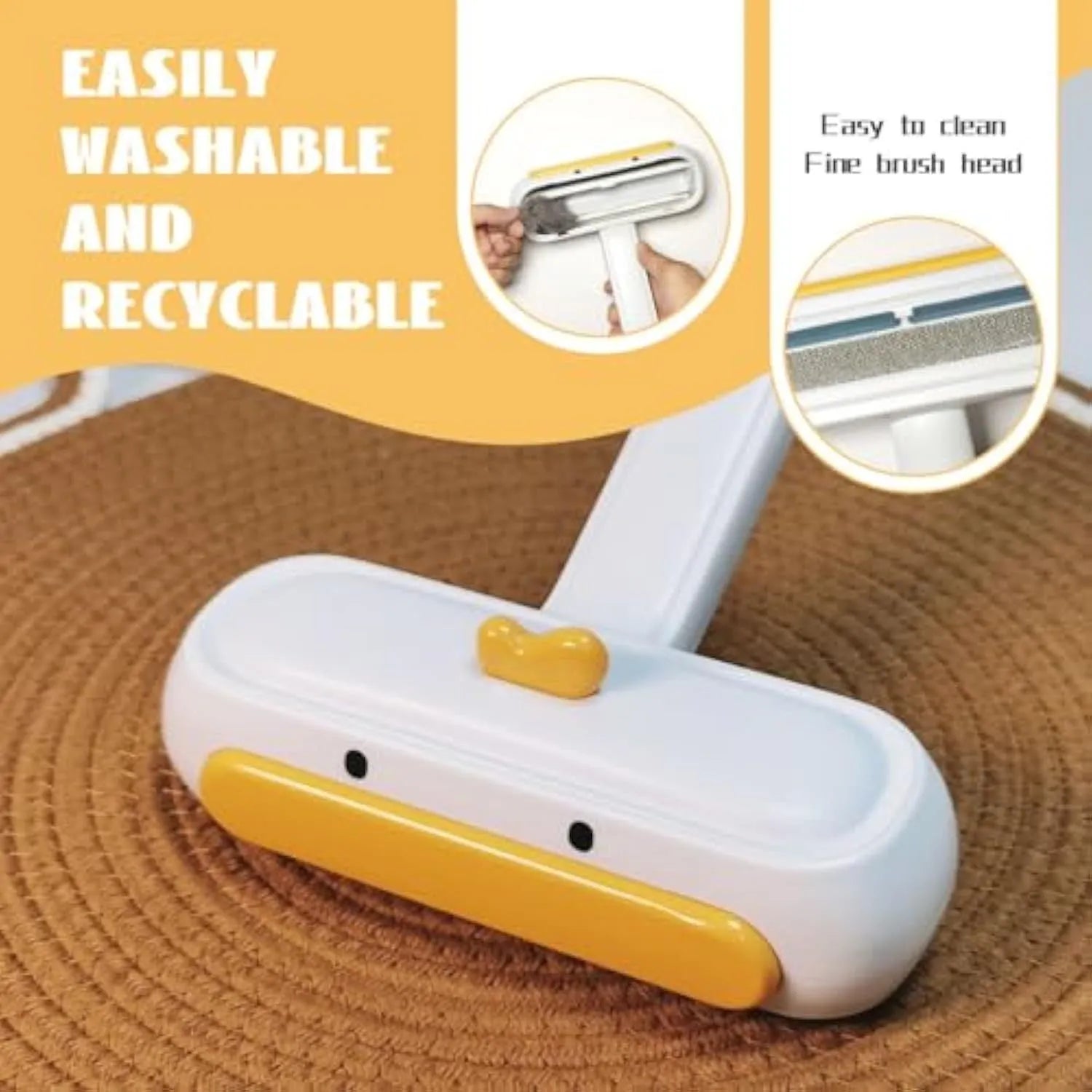 Portable yellow pet hair remover brush with duck design on a fabric sofa.