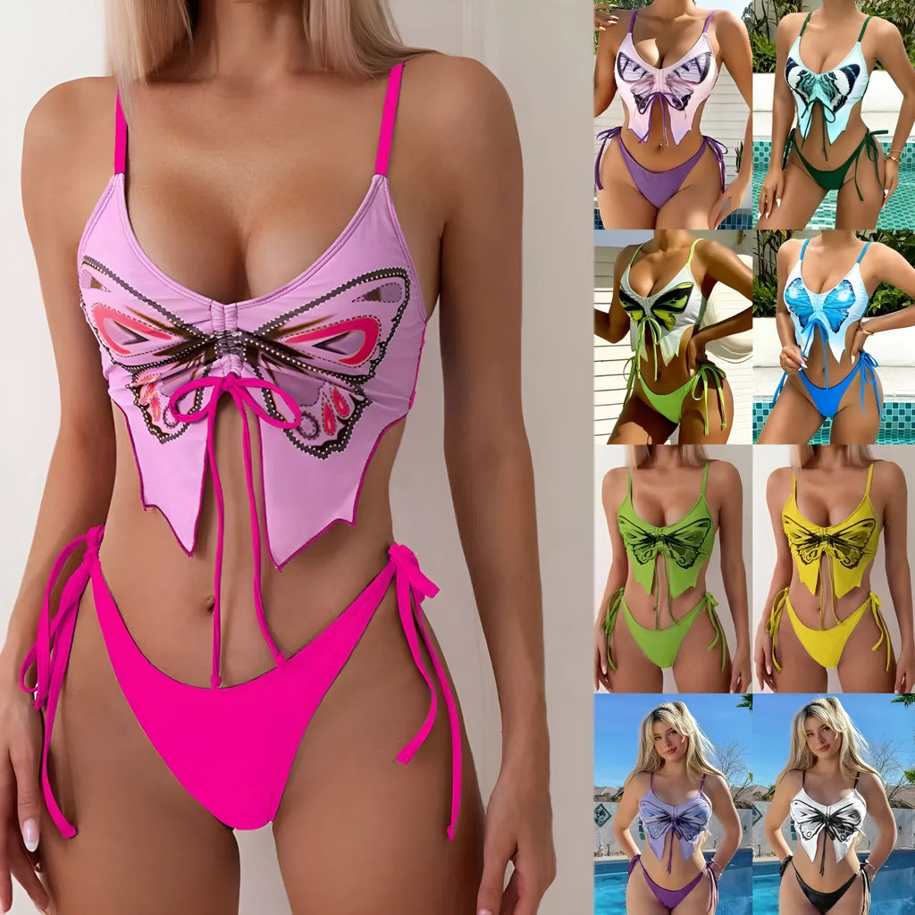 Women's purple split bikini suit with bow detail and briefs-style bottoms
