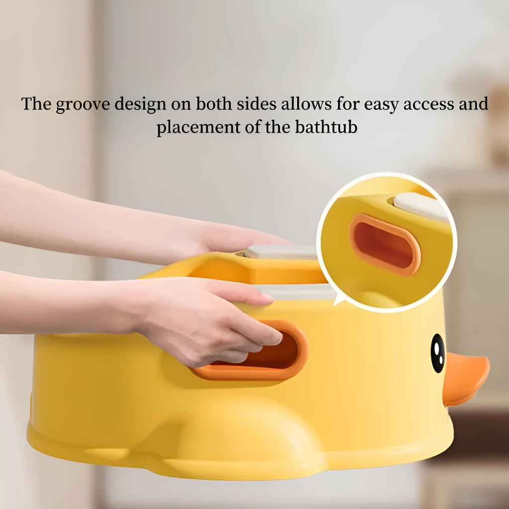 Blue PVC duck-shaped bathtub for washing small dogs and cats on a white background