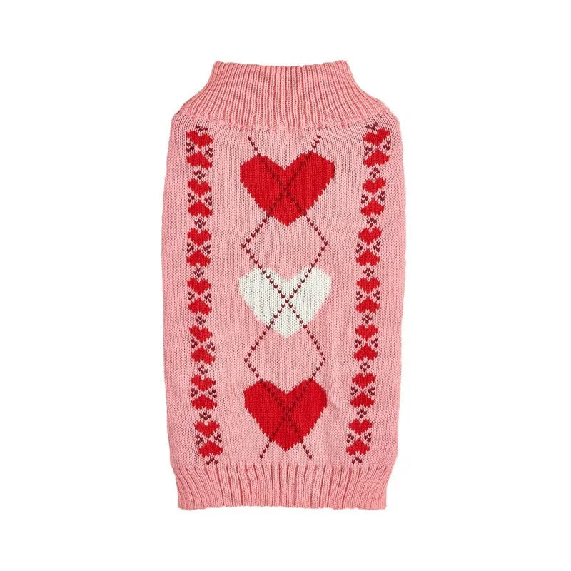 Dog sweater with love heart and bow design in acrylic material