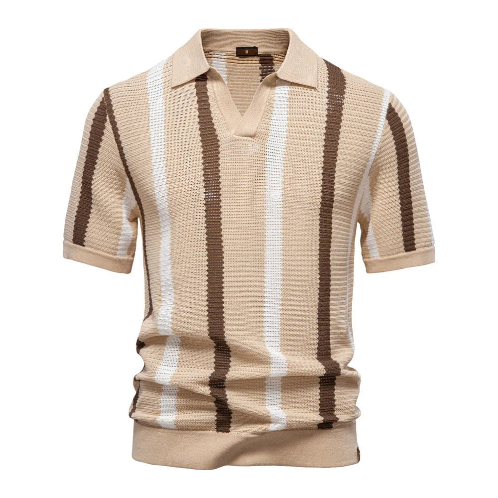 Men's breathable hollow short-sleeved striped polo shirt in khaki, front view