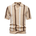 Men's breathable hollow short-sleeved striped polo shirt in khaki, front view