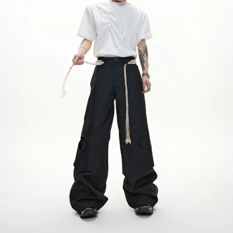Cotton straight-leg men's trousers with heavy 3D stitching and micro-elastic construction in dark colours
