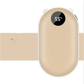 Compact rechargeable hand warmer and power bank combo unit showing colour options and digital display variants