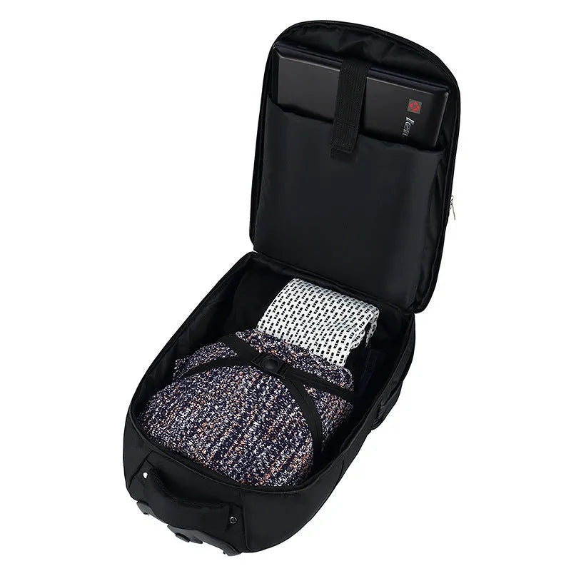 Black 18 inch nylon backpack trolley bag with letter pattern and shoulder strap for business travel