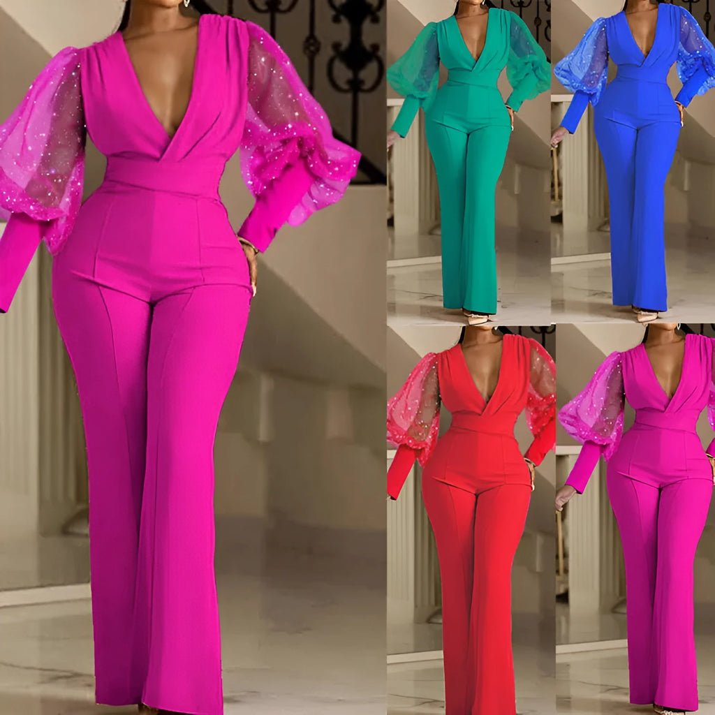 Red mesh stitch jumpsuit with long sleeves, slim torso, and wide leg trousers on a model.