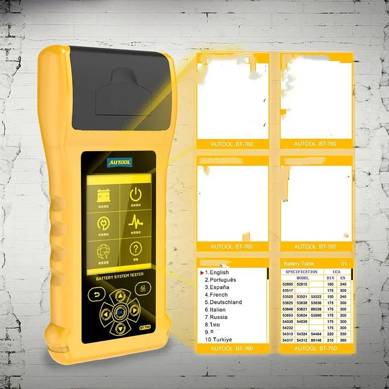 Autool BT760 colour screen automotive battery tester with attached clips and printed diagnostic receipt.