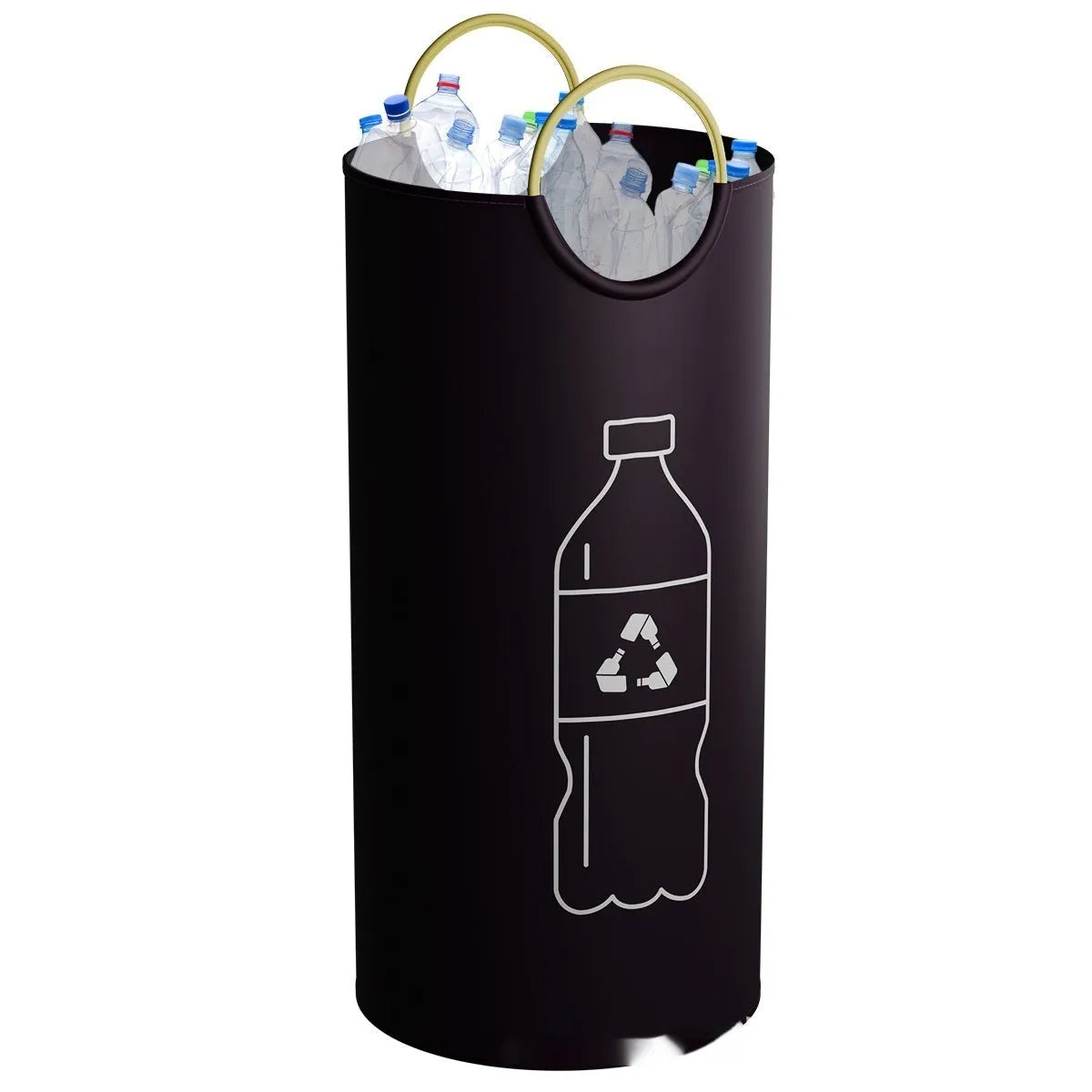 Round collapsible portable trash can with a plastic bag liner, shown next to its 38cm x 72cm dimensions.
