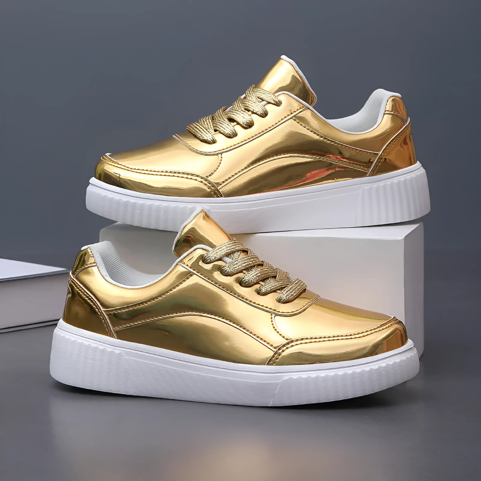 Gold sequin platform sneakers with round toe and thick MD sole
