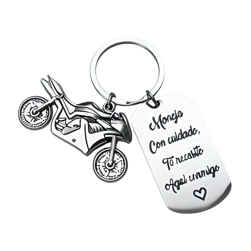 Stainless steel motorcycle keychain with inspirational design and flannel storage bag