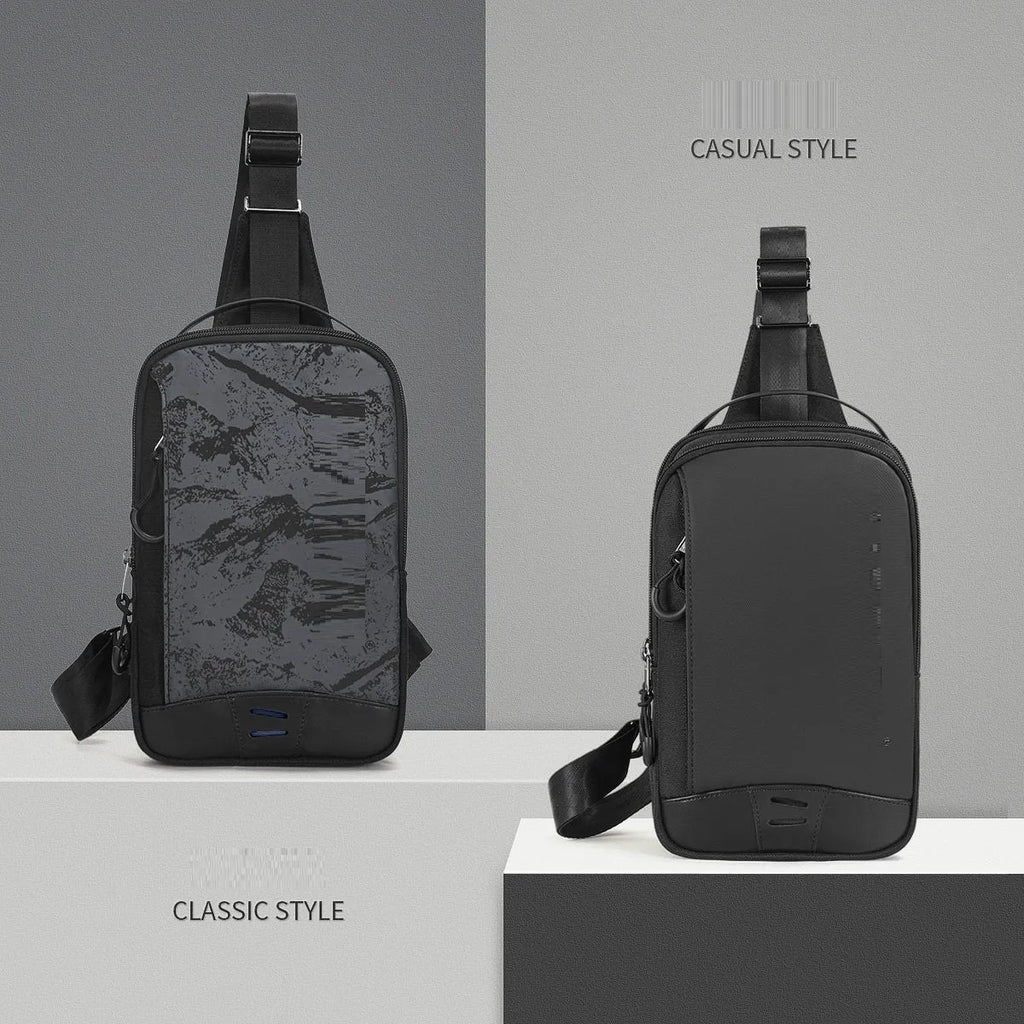 Casual black camouflage pattern chest pack with single shoulder strap and soft handle