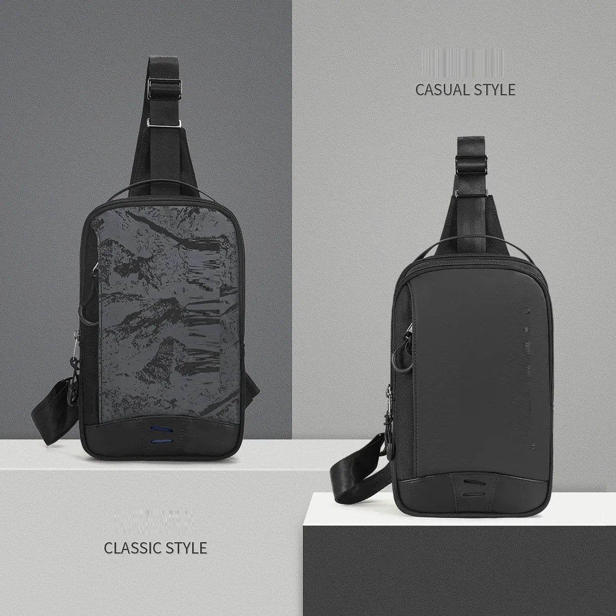Casual black camouflage pattern chest pack with single shoulder strap and soft handle