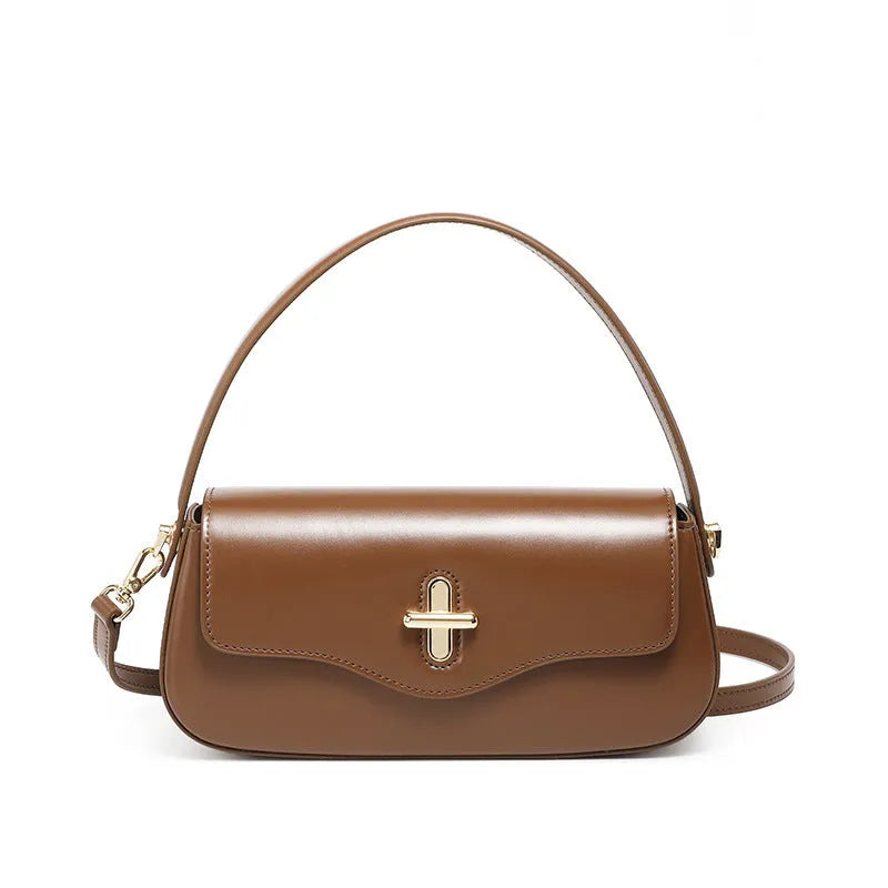 Genuine leather horizontal square baguette bag in black with lock detail