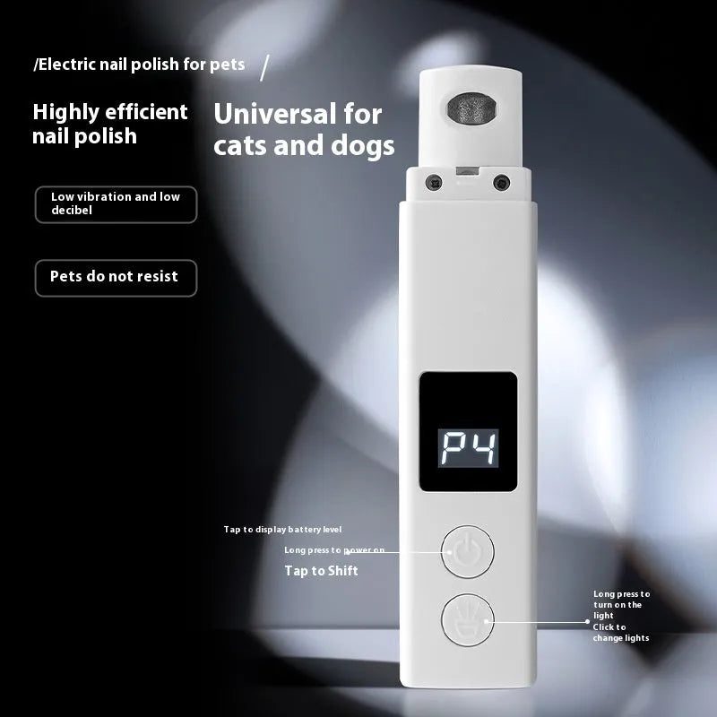 White pet electric nail grinder for dogs with dust cover and light, 150x30mm ABS plastic, on a clean surface