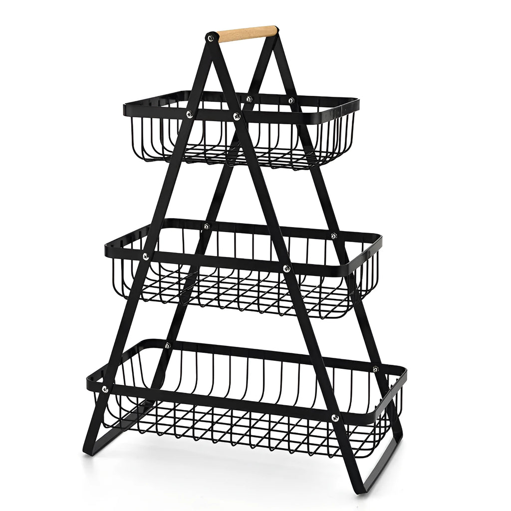 Detachable double-layer iron fruit basket with wooden handle in black on a tabletop