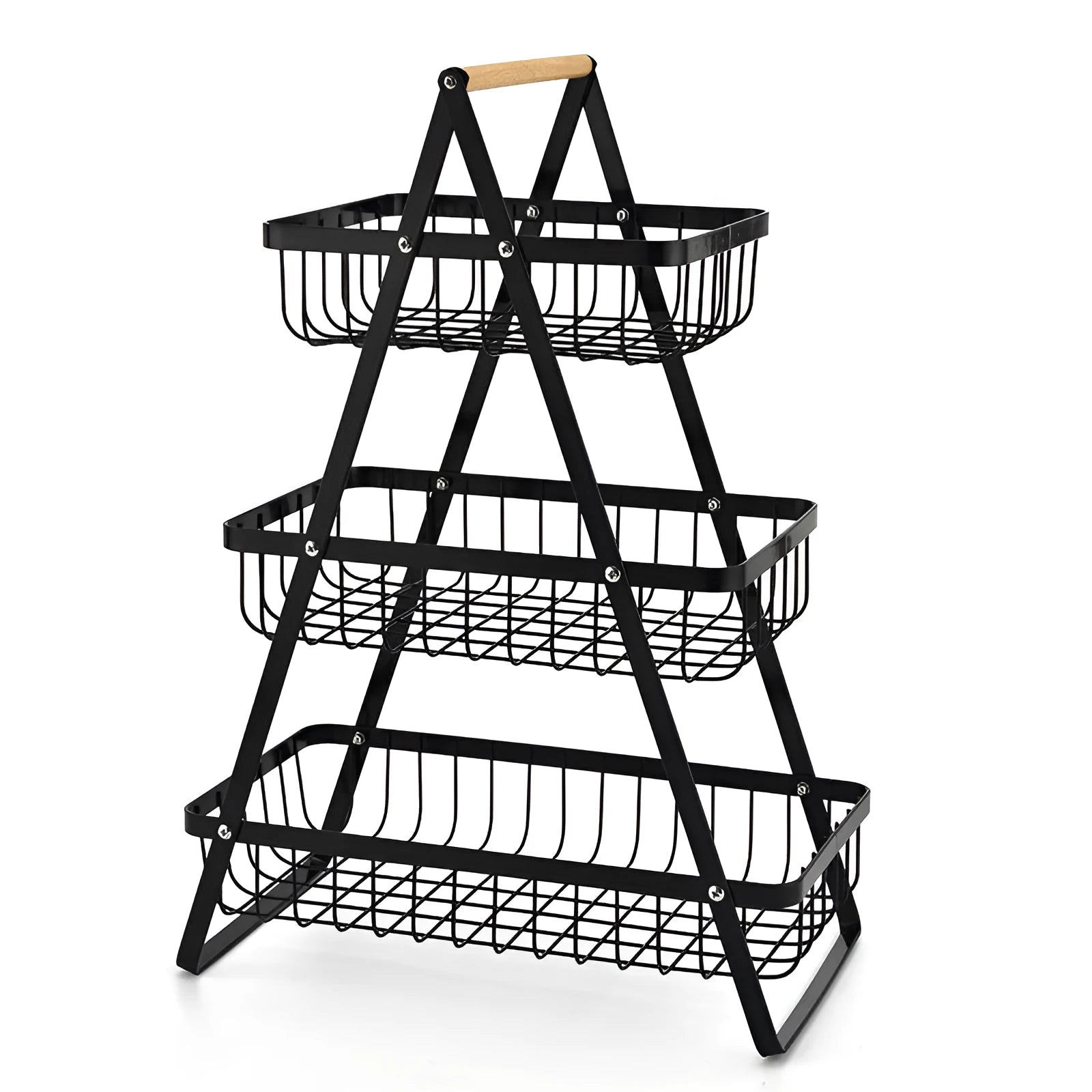 Detachable double-layer iron fruit basket with wooden handle in black on a tabletop