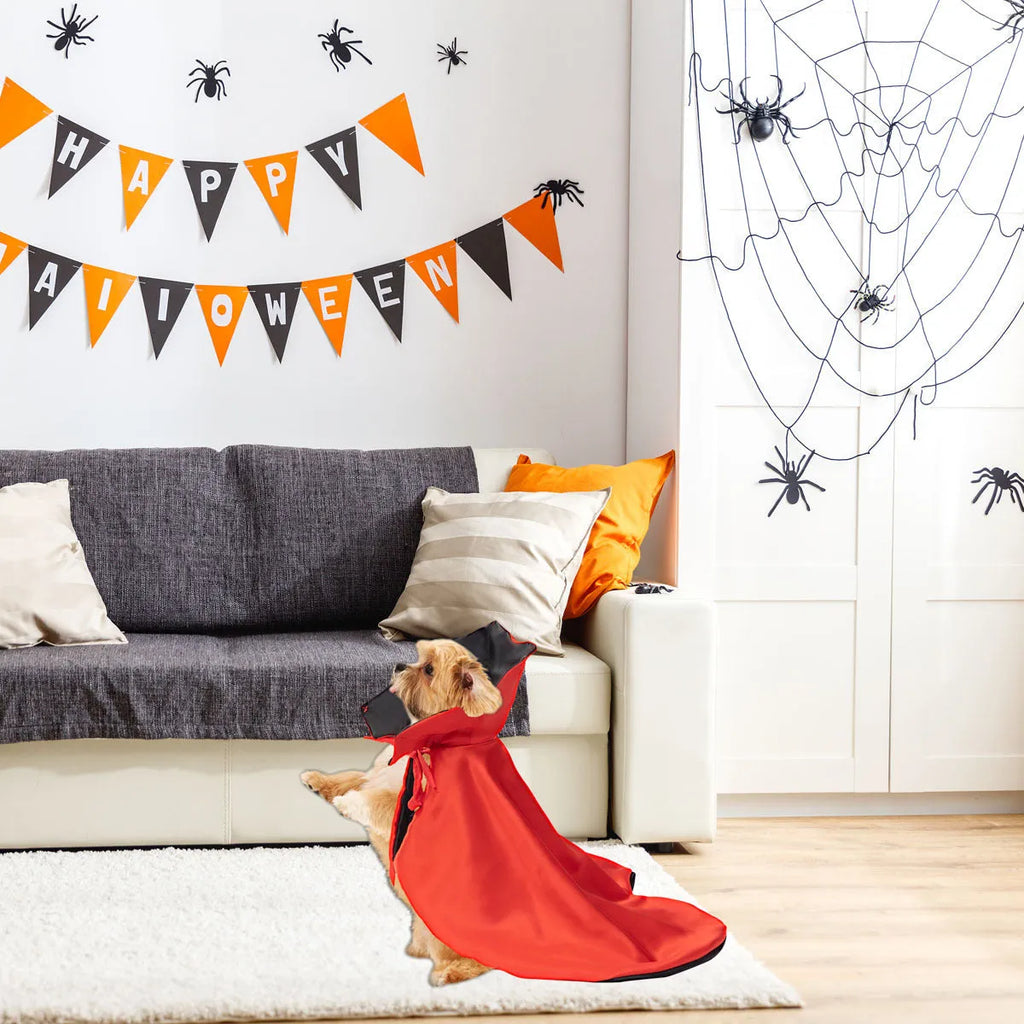 Red polyester Halloween atmosphere cloak for dogs and cats, laid flat showing open-back design