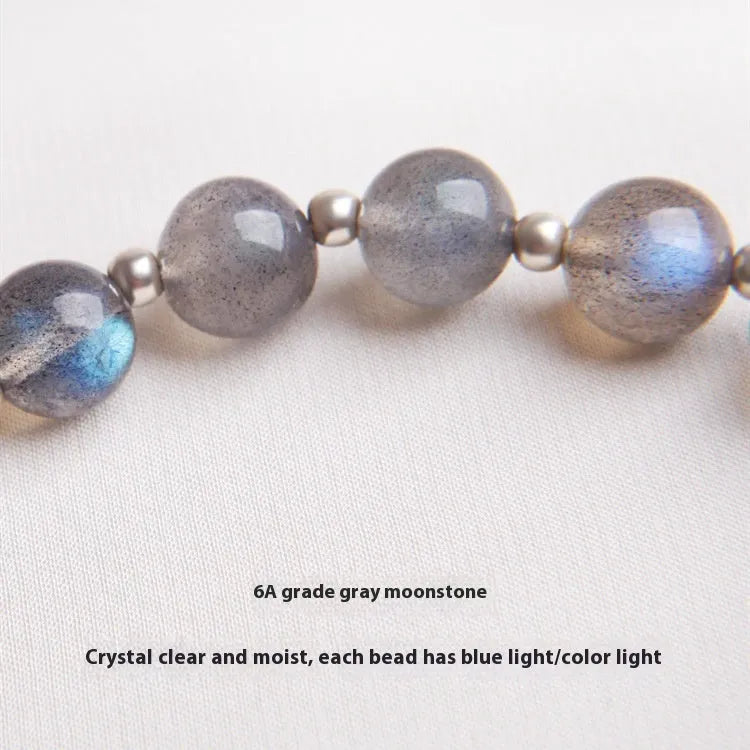 Grey moonlight crystal bracelet for women, 7.5mm beads, 925 sterling silver with honeysuckle clasp