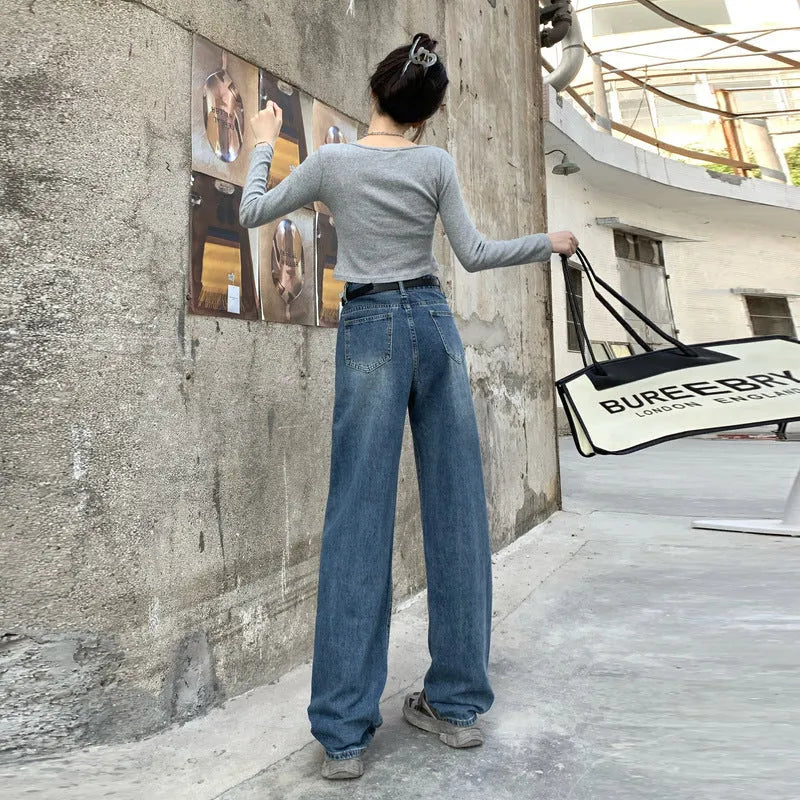 Women's retro straight jeans in retro blue with high waist and straight leg