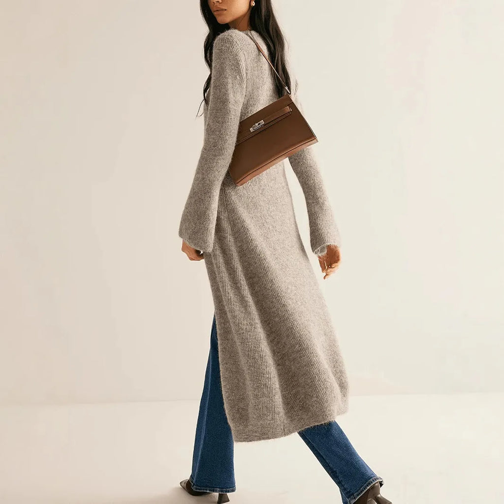 French style retro long sleeve cardigan coat in khaki with button front detail